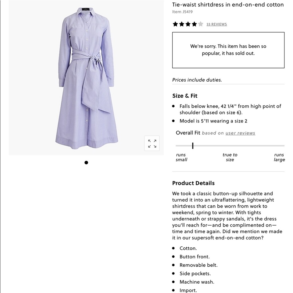 J Crew tie-waist shirt dress